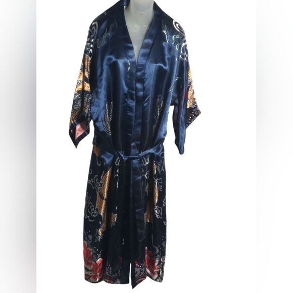 Dragon Print Duster Kimono Robe Tie Waist Longline Jacket Boho Oriental Style XL - Picture 4 of 10